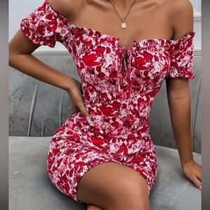 SHEIN Red Floral Off-Shoulder Mini Dress